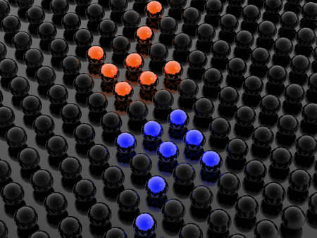 blue and red arrows on black backgroundの写真素材