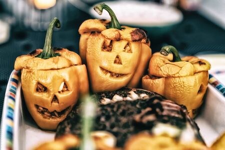 Halloween Bell Pepper Casserole with meat in Foreground