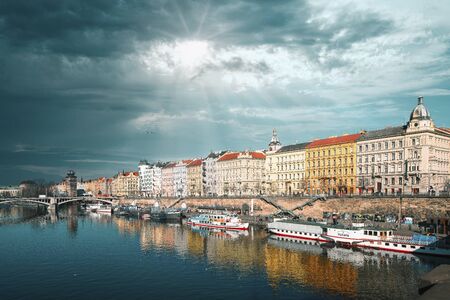 Wide view from Charles Bridge in prague on the riverの写真素材