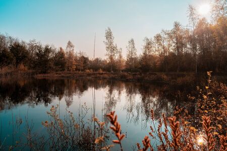 Sun in colorful mood on a lakeの写真素材