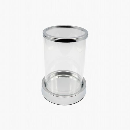 A glass cylinder lanterns my chrome-colored base, cut out on white backgroundの写真素材