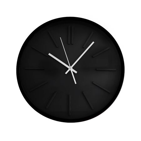 A deep black wall clock with silver metal hands, cut out on white backgroundの写真素材