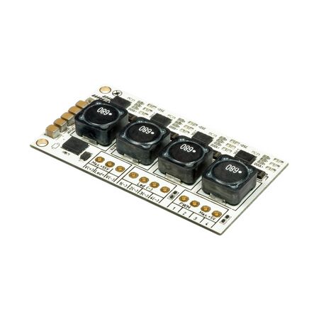 Quadruple white led driver PCB board with inductance coil and surface mount components in a close-up viewの写真素材