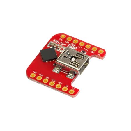 Red universal USB to TTL PCB board surface mount components in a close-up side viewの写真素材