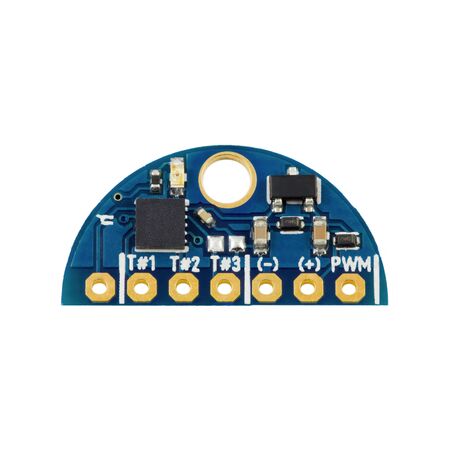 Blue semicircular led pulse width modulation dimmer PCB board surface mount components in a close-up top viewの写真素材