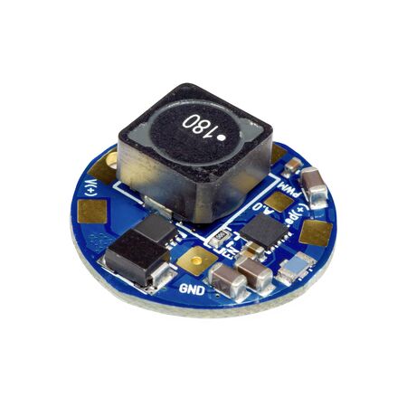 Blue round led driver PCB board with inductance coil and surface mount components in a close-up viewの写真素材