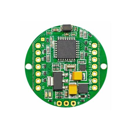 Green round led pulse width modulation dimmer PCB board surface mount components in a close-up top viewの写真素材