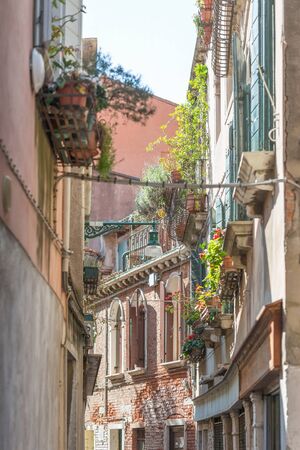 An alley between apartment buildings in the city of veniceの写真素材