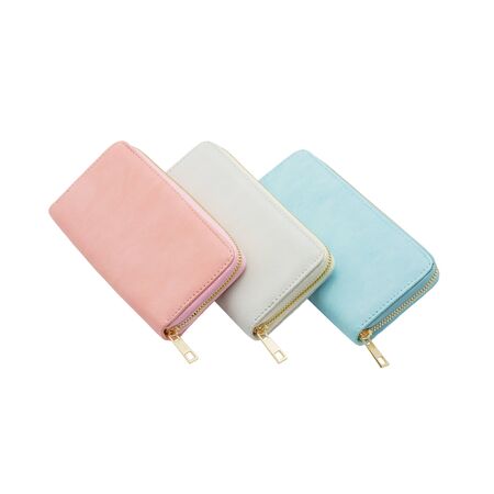 Three wallets in the colors red, gray and blueの写真素材