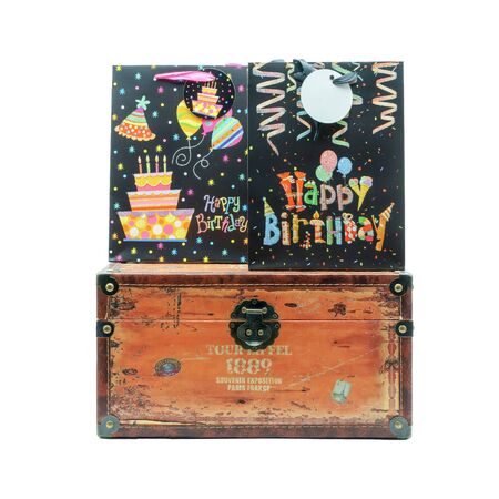 Black birthday bag with a colorful printの写真素材
