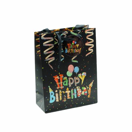 Black birthday bag with a colorful printの写真素材