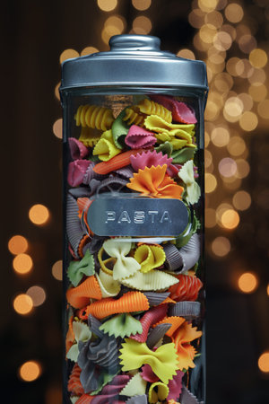 Different colored pasta in a glass, closeup, In the background a wonderful bokeh of orange lightsの写真素材