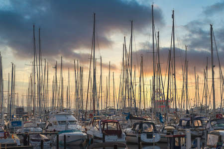Boat jetty with yachts on a pier in the morningのeditorial素材