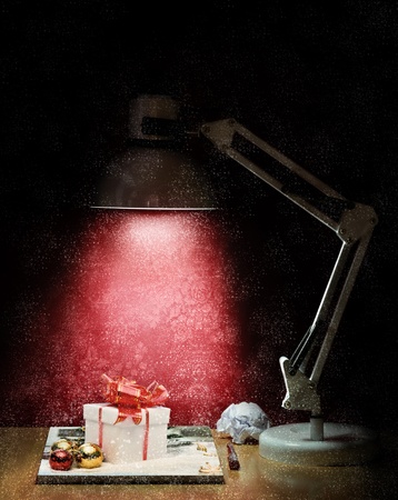 Christmas present sitting on tableの写真素材
