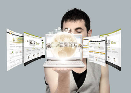Young man holding internet features in his hand-NOTE All photos,texts,elements used for this collage are created by me You can see some of the photos used in my galery の写真素材