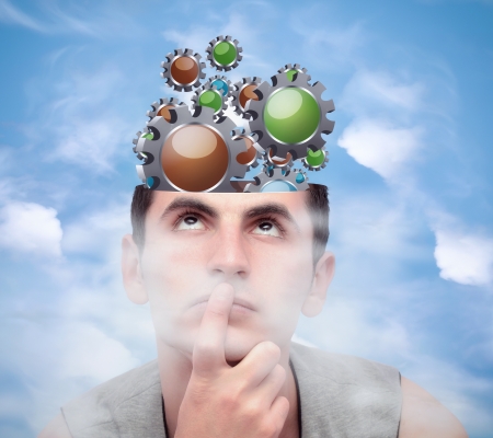 Concept of thinking. Young man brainstormingの写真素材