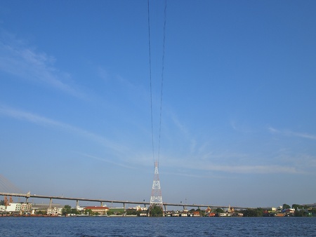 view of city at waterfront of Chao Phraya river Samutprakan Thailand