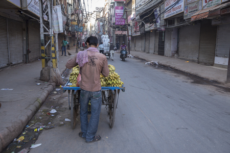 DELHI INDIA - MAR 24 : banana stall in chawri bazar in morning time. chawri bazar is bigest market place and famous place of Delhi on march, 24, 2015, indiaのeditorial素材