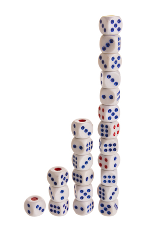 four step speed increase bar graph dice stack isolated on white background. concept for business risk, chance, or growth. include clipping path.の写真素材