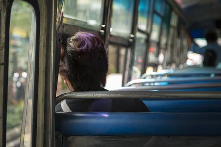 unidentified passengers in public bus of bangkok in Bangkok, Thailandの写真素材