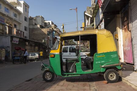 DELHI, INDIA - October, 10, 2014 : parking auto rickshaw at main bazar in paharganj, this place is main tourist hub of delhi.のeditorial素材