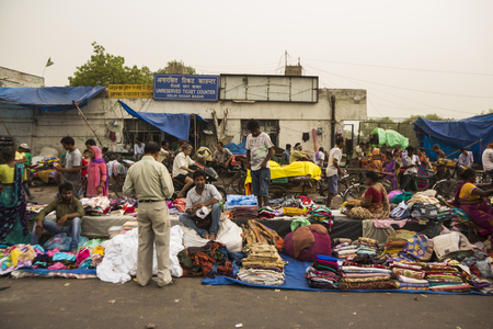 DELHI, INDIA - July 5 2015 : scene of people in street market at sadar bazar Railway staion in Old Delhi area.のeditorial素材
