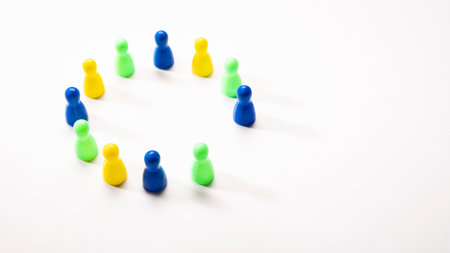 large circle arrangement of mixed color plastic pin with blank position one on white background, in...