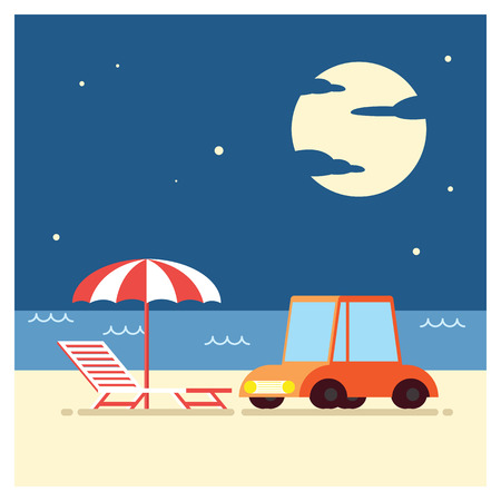 THE NIGHT BEACH PARKING CAR WITH BEACH BENCH BESIDE ITのイラスト素材