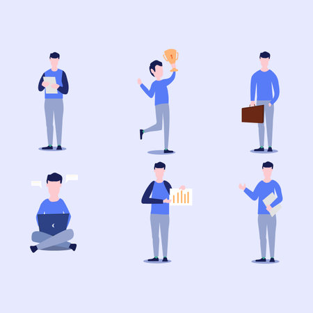 Set of working men wearing blue suit character vector design. Presentation in various actions. Businessman working in office planning, thinking and economic analysis on isolated white backgroundのイラスト素材