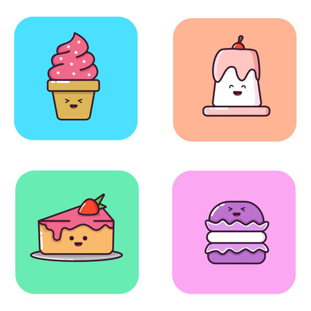 Cute set of six cartoon fast food snack characters isolated on white: taco, muffin, waffle,...