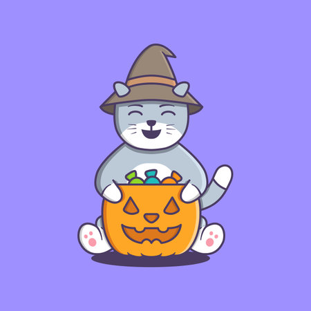 Cute Witch Cat Smile Halloween Cartoonのイラスト素材