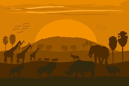 Vector illustration: classic African landscape with wild animals and Kilimanjaro.のイラスト素材