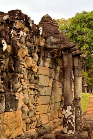 Closeup of the bas-reliefs on the Terrace of the Elephants in the Angkor complex, Cambodiaの写真素材