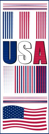 Vector illustration with a set of american flags, in different shapes and dimension, and an example of USA text.のイラスト素材