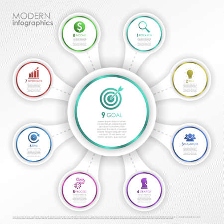 EPS10 Vector illustration. Business infographic process with realistic elements. Impact template design with icons and 9 steps.のイラスト素材