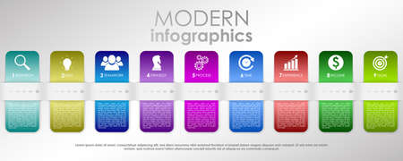 Vector illustration. Business infographic process with realistic elements. Impact template design with icons and 9 steps.のイラスト素材