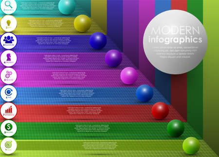 Vector illustration. Business infographic process with realistic elements. Impact template design with icons and 9 steps.のイラスト素材