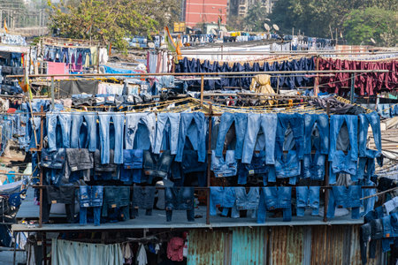 Incredible view of the Dhobi Ghat in Mumbai, the largest open-air laundry in the world.の写真素材