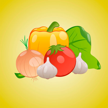 Two garlic, onion, tomato pepper and lettuce togetherの写真素材