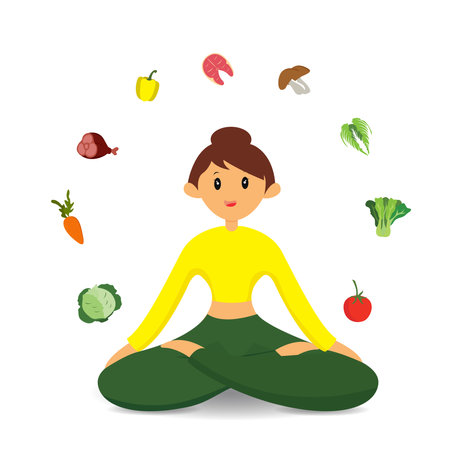 Illustration of a woman meditating in lotus position with healthy foodのイラスト素材