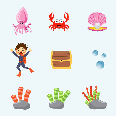 Cartoon sea icons set. Cartoon illustration of 9 cartoon sea icons for webのイラスト素材
