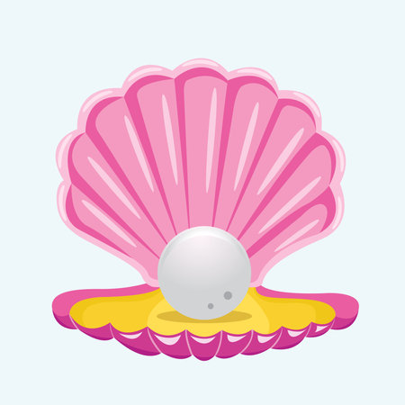 Illustration of a pink seashell with pearl on a blue backgroundのイラスト素材