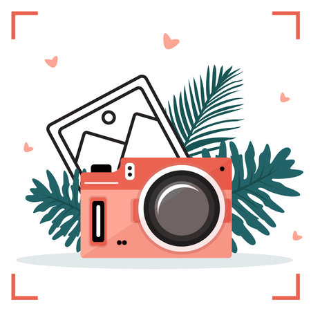 Camera with photo and palm leaves. Vector illustration in flat style.のイラスト素材