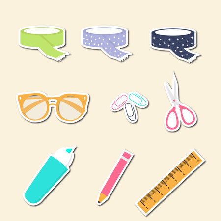 Illustration of a set of school and office stationery icons.のイラスト素材