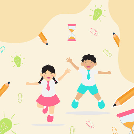 Happy kids jumping in the air. Back to school vector illustration.のイラスト素材