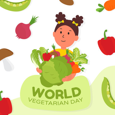 World Vegetarian Day. Vector illustration of a girl with vegetables.のイラスト素材