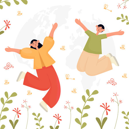 Happy couple jumping in the air. Vector illustration in flat style.のイラスト素材