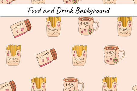 Cute hand drawn doodle vector seamless pattern with funny cartoon food and drink.のイラスト素材