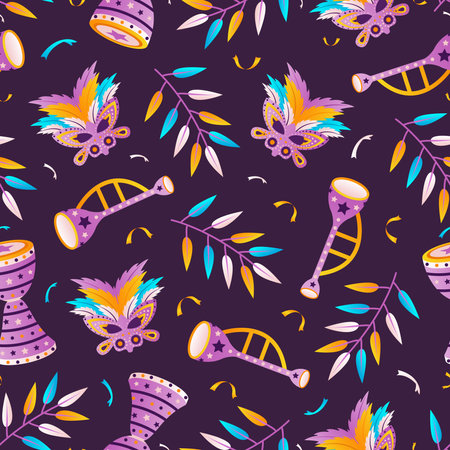 Seamless pattern with carnival masks and musical instruments. Vector illustration.のイラスト素材
