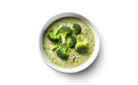 Illustration of bowl of healthy broccoli cream soup, vegetables, ingredientsの素材